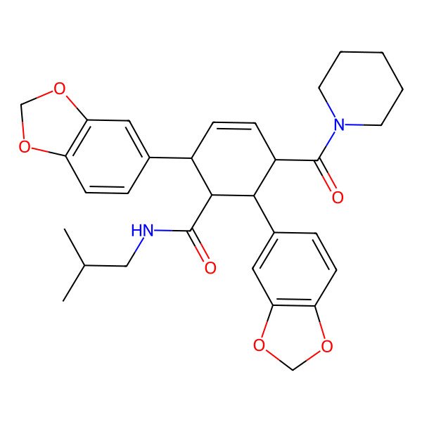 2D Structure of 2,6-bis(1,3-benzodioxol-5-yl)-N-(2-methylpropyl)-5-(piperidine-1-carbonyl)cyclohex-3-ene-1-carboxamide