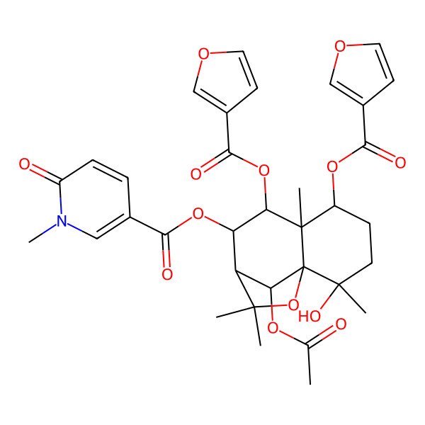 2D Structure of [(1S,2R,5S,6S,7S,8S,9R,12S)-12-acetyloxy-5,7-bis(furan-3-carbonyloxy)-2-hydroxy-2,6,10,10-tetramethyl-11-oxatricyclo[7.2.1.01,6]dodecan-8-yl] 1-methyl-6-oxopyridine-3-carboxylate