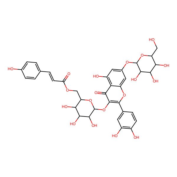 2D Structure of [(2R,3S,4S,5R,6S)-6-[2-(3,4-dihydroxyphenyl)-5-hydroxy-4-oxo-7-[(2S,3R,4S,5S,6R)-3,4,5-trihydroxy-6-(hydroxymethyl)oxan-2-yl]oxychromen-3-yl]oxy-3,4,5-trihydroxyoxan-2-yl]methyl (E)-3-(4-hydroxyphenyl)prop-2-enoate