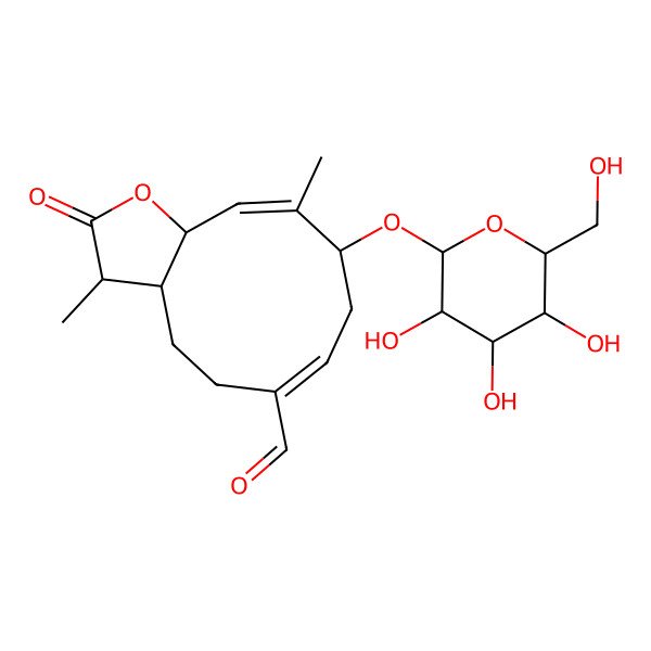 2D Structure of 3,10-dimethyl-2-oxo-9-[3,4,5-trihydroxy-6-(hydroxymethyl)oxan-2-yl]oxy-3a,4,5,8,9,11a-hexahydro-3H-cyclodeca[b]furan-6-carbaldehyde