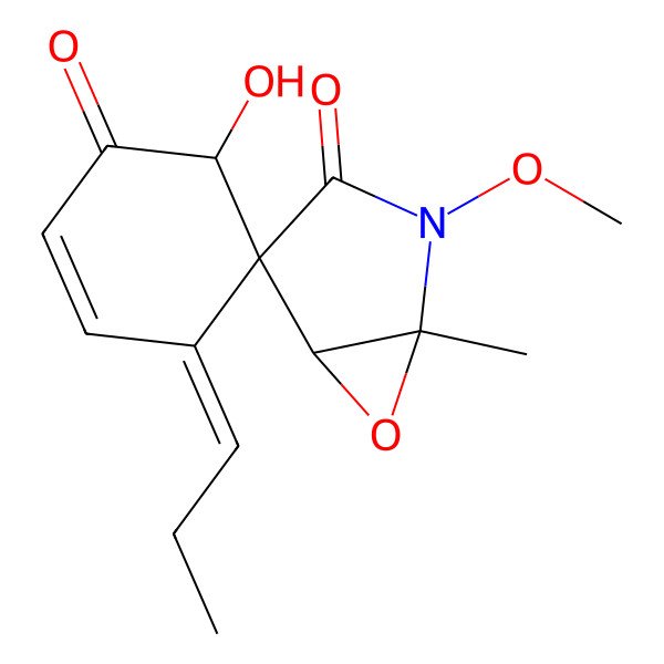 2D Structure of (4'E)-6'-hydroxy-2-methoxy-1-methyl-4'-propylidenespiro[6-oxa-2-azabicyclo[3.1.0]hexane-4,5'-cyclohex-2-ene]-1',3-dione