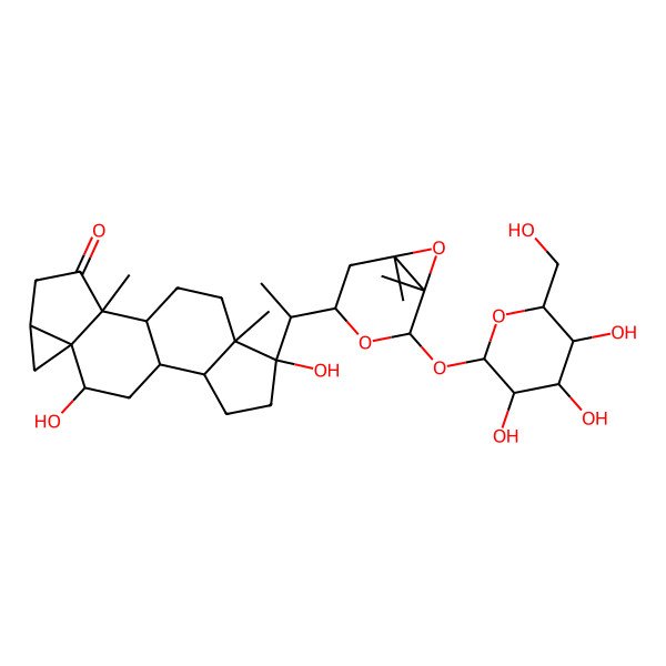 2D Structure of (1S,2R,5S,7R,8R,10S,11S,14S,15S)-14-[(1R)-1-[(1R,2S,4R,6S)-1,6-dimethyl-2-[(2S,3R,4S,5S,6R)-3,4,5-trihydroxy-6-(hydroxymethyl)oxan-2-yl]oxy-3,7-dioxabicyclo[4.1.0]heptan-4-yl]ethyl]-8,14-dihydroxy-2,15-dimethylpentacyclo[8.7.0.02,7.05,7.011,15]heptadecan-3-one