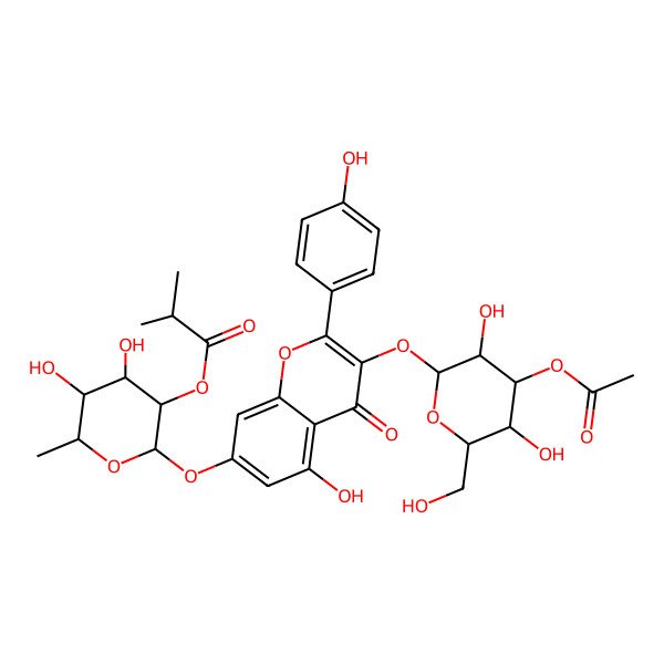 2D Structure of [(2S,3R,4R,5R,6S)-2-[3-[(2S,3R,4S,5R,6R)-4-acetyloxy-3,5-dihydroxy-6-(hydroxymethyl)oxan-2-yl]oxy-5-hydroxy-2-(4-hydroxyphenyl)-4-oxochromen-7-yl]oxy-4,5-dihydroxy-6-methyloxan-3-yl] 2-methylpropanoate