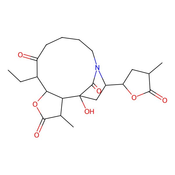 2D Structure of 7-Ethyl-1-hydroxy-3-methyl-14-(4-methyl-5-oxooxolan-2-yl)-5-oxa-13-azatricyclo[11.2.1.02,6]hexadecane-4,8,16-trione