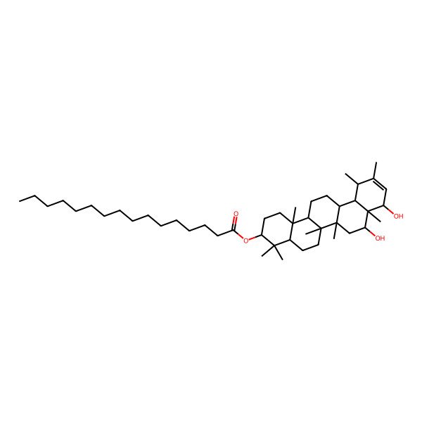 2D Structure of [(3S,4aR,6aR,6aR,6bR,8S,8aS,9S,12S,12aR,14aR,14bR)-8,9-dihydroxy-4,4,6a,6b,8a,11,12,14b-octamethyl-2,3,4a,5,6,6a,7,8,9,12,12a,13,14,14a-tetradecahydro-1H-picen-3-yl] hexadecanoate