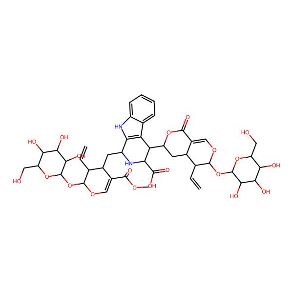 2D Structure of 1-[[3-ethenyl-5-methoxycarbonyl-2-[3,4,5-trihydroxy-6-(hydroxymethyl)oxan-2-yl]oxy-3,4-dihydro-2H-pyran-4-yl]methyl]-4-[5-ethenyl-1-oxo-6-[3,4,5-trihydroxy-6-(hydroxymethyl)oxan-2-yl]oxy-4,4a,5,6-tetrahydro-3H-pyrano[3,4-c]pyran-3-yl]-2,3,4,9-tetrahydro-1H-pyrido[3,4-b]indole-3-carboxylic acid