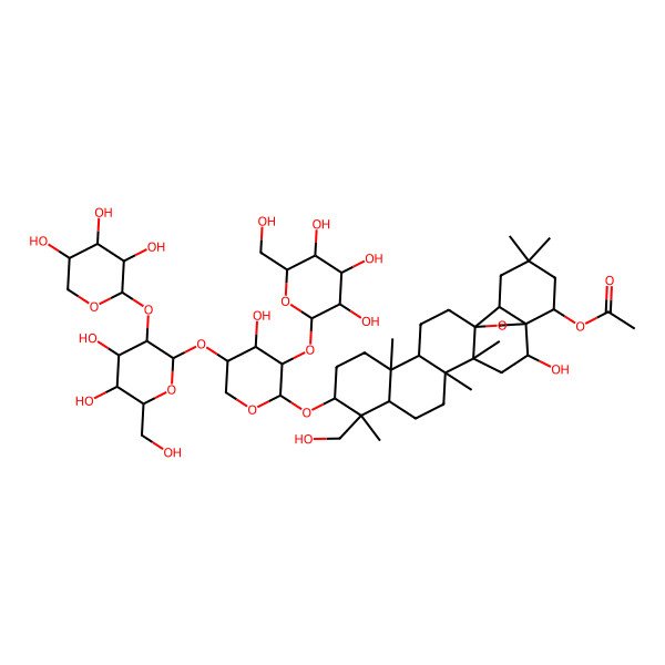 2D Structure of [10-[5-[4,5-Dihydroxy-6-(hydroxymethyl)-3-(3,4,5-trihydroxyoxan-2-yl)oxyoxan-2-yl]oxy-4-hydroxy-3-[3,4,5-trihydroxy-6-(hydroxymethyl)oxan-2-yl]oxyoxan-2-yl]oxy-2-hydroxy-9-(hydroxymethyl)-4,5,9,13,20,20-hexamethyl-24-oxahexacyclo[15.5.2.01,18.04,17.05,14.08,13]tetracosan-22-yl] acetate