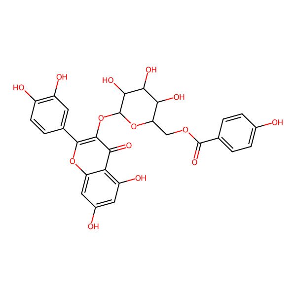 2D Structure of [(2R,3R,4R,5S,6S)-6-[2-(3,4-dihydroxyphenyl)-5,7-dihydroxy-4-oxochromen-3-yl]oxy-3,4,5-trihydroxyoxan-2-yl]methyl 4-hydroxybenzoate