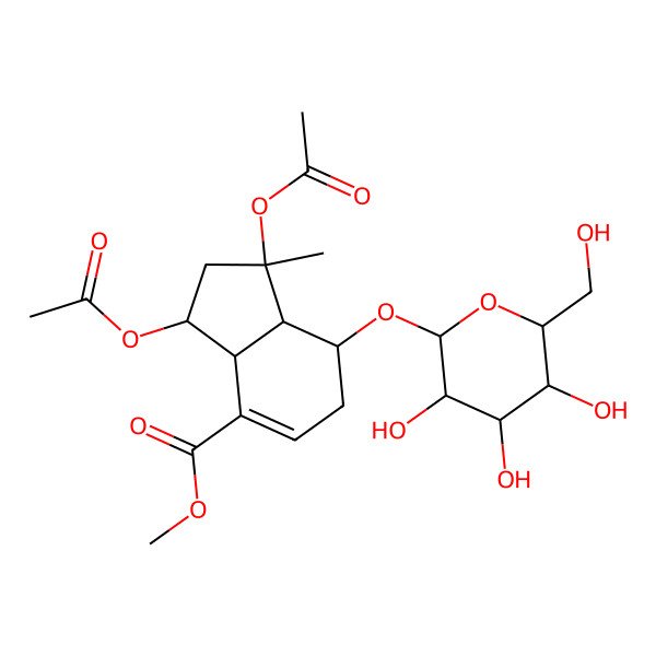2D Structure of methyl (1S,3R,3aS,7R,7aR)-1,3-diacetyloxy-1-methyl-7-[(2R,3R,4S,5S,6R)-3,4,5-trihydroxy-6-(hydroxymethyl)oxan-2-yl]oxy-2,3,3a,6,7,7a-hexahydroindene-4-carboxylate