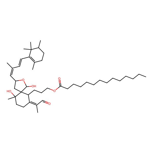 2D Structure of 3-[1,6-Dihydroxy-6-methyl-3-[2-methyl-4-(2,5,6,6-tetramethylcyclohexen-1-yl)buta-1,3-dienyl]-9-(1-oxopropan-2-ylidene)-2-oxaspiro[4.5]decan-10-yl]propyl tetradecanoate