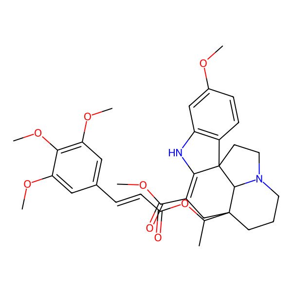 2D Structure of Methyl 5-methoxy-12-[1-[3-(3,4,5-trimethoxyphenyl)prop-2-enoyloxy]ethyl]-8,16-diazapentacyclo[10.6.1.01,9.02,7.016,19]nonadeca-2(7),3,5,9-tetraene-10-carboxylate