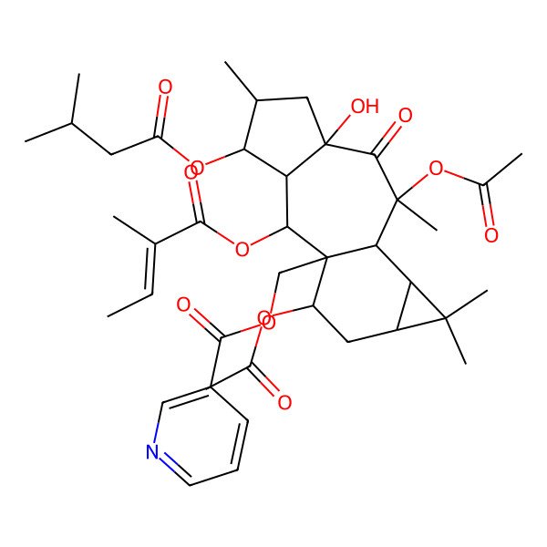2D Structure of [9,15-Diacetyloxy-7-hydroxy-5,9,12,12-tetramethyl-4-(3-methylbutanoyloxy)-2-(2-methylbut-2-enoyloxy)-8-oxo-1-tetracyclo[8.5.0.03,7.011,13]pentadecanyl]methyl pyridine-3-carboxylate