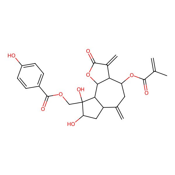 2D Structure of [(3aR,4S,6aR,8S,9R,9aS,9bS)-8,9-dihydroxy-3,6-dimethylidene-4-(2-methylprop-2-enoyloxy)-2-oxo-3a,4,5,6a,7,8,9a,9b-octahydroazuleno[8,7-b]furan-9-yl]methyl 4-hydroxybenzoate