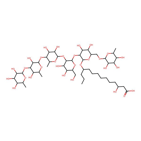 2D Structure of 11-[3-[3-[5-[3,5-Dihydroxy-6-methyl-4-(3,4,5-trihydroxy-6-methyloxan-2-yl)oxyoxan-2-yl]oxy-3,4-dihydroxy-6-methyloxan-2-yl]oxy-4,5-dihydroxy-6-(hydroxymethyl)oxan-2-yl]oxy-4,5-dihydroxy-6-[(3,4,5-trihydroxy-6-methyloxan-2-yl)oxymethyl]oxan-2-yl]oxy-3-hydroxytetradecanoic acid
