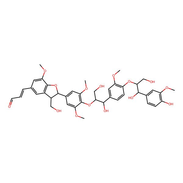 2D Structure of (E)-3-[(2R,3S)-2-[4-[(1R,2S)-1-[4-[(1S,2R)-1,3-dihydroxy-1-(4-hydroxy-3-methoxyphenyl)propan-2-yl]oxy-3-methoxyphenyl]-1,3-dihydroxypropan-2-yl]oxy-3,5-dimethoxyphenyl]-3-(hydroxymethyl)-7-methoxy-2,3-dihydro-1-benzofuran-5-yl]prop-2-enal