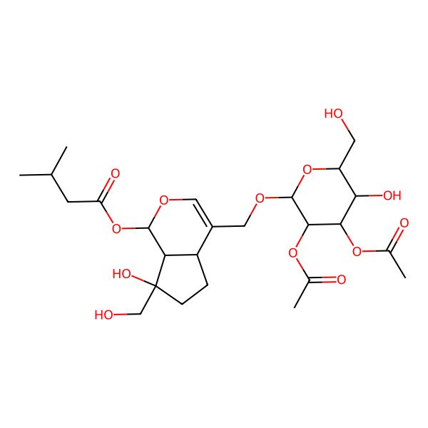 2D Structure of [4-[[3,4-diacetyloxy-5-hydroxy-6-(hydroxymethyl)oxan-2-yl]oxymethyl]-7-hydroxy-7-(hydroxymethyl)-4a,5,6,7a-tetrahydro-1H-cyclopenta[c]pyran-1-yl] 3-methylbutanoate