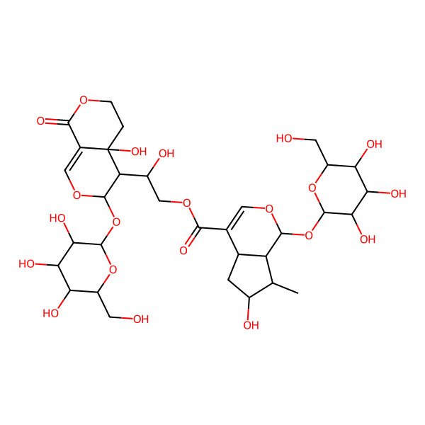 2D Structure of [2-[4a-Hydroxy-8-oxo-3-[3,4,5-trihydroxy-6-(hydroxymethyl)oxan-2-yl]oxy-3,4,5,6-tetrahydropyrano[3,4-c]pyran-4-yl]-2-hydroxyethyl] 6-hydroxy-7-methyl-1-[3,4,5-trihydroxy-6-(hydroxymethyl)oxan-2-yl]oxy-1,4a,5,6,7,7a-hexahydrocyclopenta[c]pyran-4-carboxylate