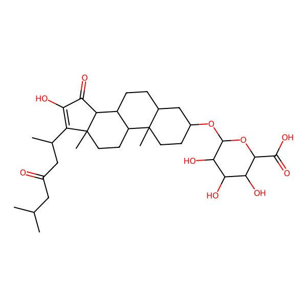 2D Structure of (2S,3S,4S,5R,6R)-3,4,5-trihydroxy-6-[[(3S,5S,8R,9S,10S,13S,14R)-16-hydroxy-10,13-dimethyl-17-[(2R)-6-methyl-4-oxoheptan-2-yl]-15-oxo-1,2,3,4,5,6,7,8,9,11,12,14-dodecahydrocyclopenta[a]phenanthren-3-yl]oxy]oxane-2-carboxylic acid