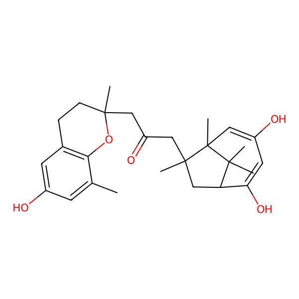 2D Structure of 1-[(1R,6S,7S)-2,4-dihydroxy-6,7,9,9-tetramethyl-7-bicyclo[4.2.1]nona-2,4-dienyl]-3-[(2R)-6-hydroxy-2,8-dimethyl-3,4-dihydrochromen-2-yl]propan-2-one