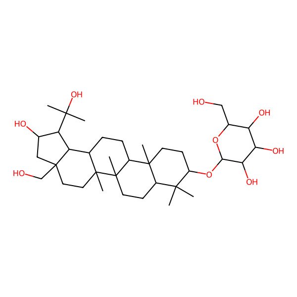 2D Structure of 2-[[2-Hydroxy-3a-(hydroxymethyl)-1-(2-hydroxypropan-2-yl)-5a,5b,8,8,11a-pentamethyl-1,2,3,4,5,6,7,7a,9,10,11,11b,12,13,13a,13b-hexadecahydrocyclopenta[a]chrysen-9-yl]oxy]-6-(hydroxymethyl)oxane-3,4,5-triol