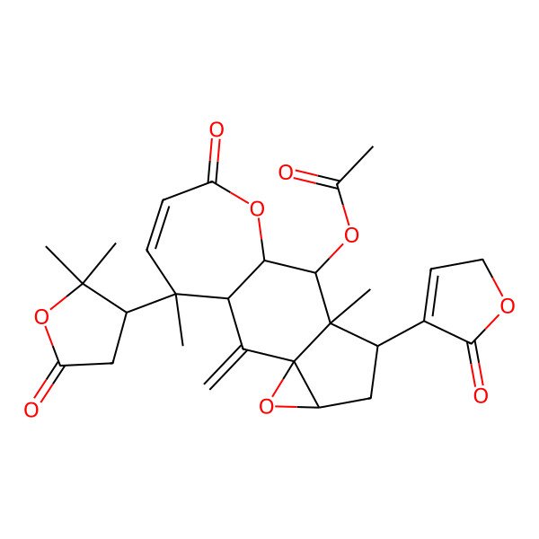 2D Structure of [15-(2,2-dimethyl-5-oxooxolan-3-yl)-8,15-dimethyl-2-methylidene-12-oxo-7-(5-oxo-2H-furan-4-yl)-4,11-dioxatetracyclo[8.5.0.03,5.03,8]pentadec-13-en-9-yl] acetate