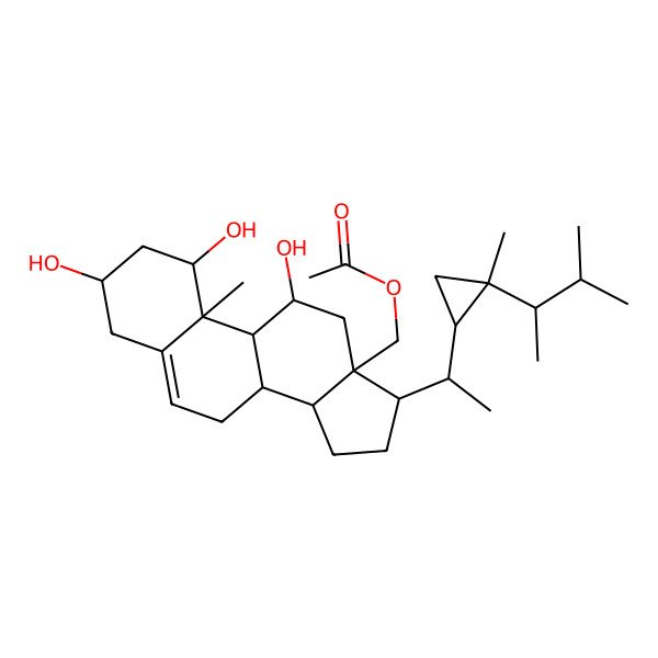 2D Structure of [1,3,11-trihydroxy-10-methyl-17-[1-[2-methyl-2-(3-methylbutan-2-yl)cyclopropyl]ethyl]-2,3,4,7,8,9,11,12,14,15,16,17-dodecahydro-1H-cyclopenta[a]phenanthren-13-yl]methyl acetate