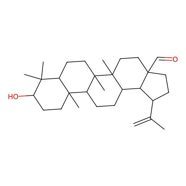 2D Structure of (1R,3aS,5aR,5bR,7aR,9R,11aR,11bR,13aR,13bS)-9-hydroxy-5a,5b,8,8,11a-pentamethyl-1-prop-1-en-2-yl-1,2,3,4,5,6,7,7a,9,10,11,11b,12,13,13a,13b-hexadecahydrocyclopenta[a]chrysene-3a-carbaldehyde