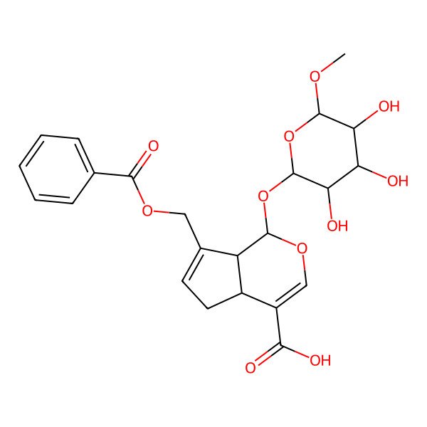 2D Structure of (1R,4aR,7aR)-7-(benzoyloxymethyl)-1-[(2R,3R,4S,5S,6S)-3,4,5-trihydroxy-6-methoxyoxan-2-yl]oxy-1,4a,5,7a-tetrahydrocyclopenta[c]pyran-4-carboxylic acid