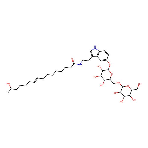 2D Structure of (Z,15R)-15-hydroxy-N-[2-[5-[(2S,3S,4R,5S,6S)-3,4,5-trihydroxy-6-[[(2R,3S,4S,5S,6R)-3,4,5-trihydroxy-6-(hydroxymethyl)oxan-2-yl]oxymethyl]oxan-2-yl]oxy-1H-indol-3-yl]ethyl]hexadec-9-enamide