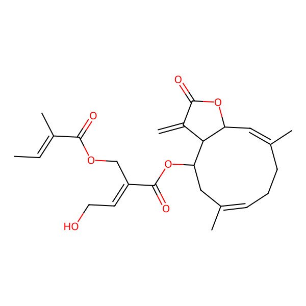 2D Structure of [(3aR,4R,6E,10E,11aR)-6,10-dimethyl-3-methylidene-2-oxo-3a,4,5,8,9,11a-hexahydrocyclodeca[b]furan-4-yl] (E)-4-hydroxy-2-[[(E)-2-methylbut-2-enoyl]oxymethyl]but-2-enoate