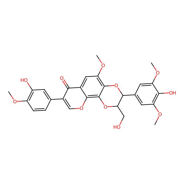 2D Structure of (2R,3S)-3-(4-hydroxy-3,5-dimethoxyphenyl)-8-(3-hydroxy-4-methoxyphenyl)-2-(hydroxymethyl)-5-methoxy-2,3-dihydropyrano[3,2-h][1,4]benzodioxin-7-one