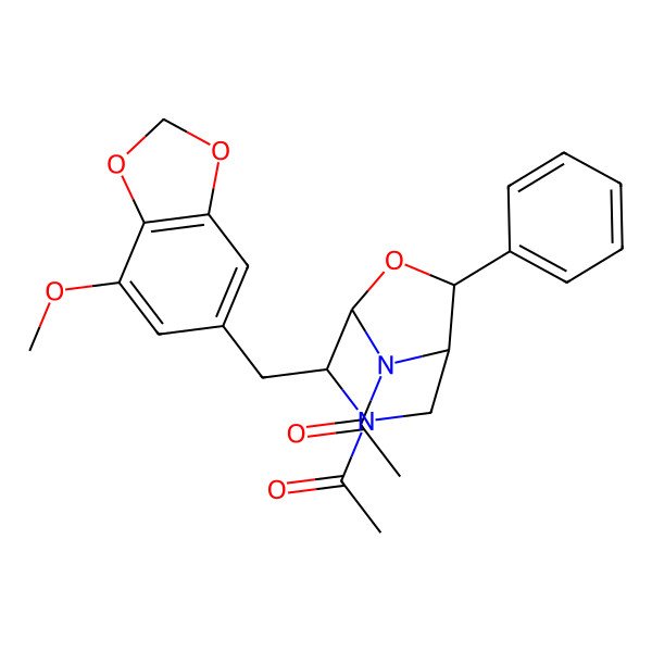 2D Structure of 1-[8-Acetyl-4-[(7-methoxy-1,3-benzodioxol-5-yl)methyl]-7-phenyl-6-oxa-3,8-diazabicyclo[3.2.1]octan-3-yl]ethanone