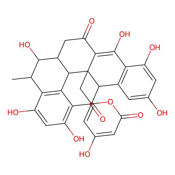 2D Structure of 4,6,8,13,16,18-Hexahydroxy-22-[(4-hydroxy-6-oxopyran-2-yl)methyl]-14-methylhexacyclo[17.3.1.02,7.09,22.012,21.015,20]tricosa-2(7),3,5,8,15(20),16,18-heptaene-10,23-dione