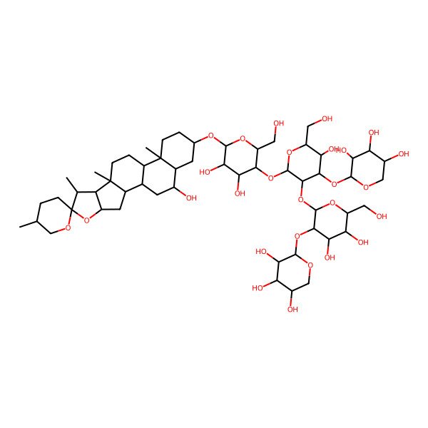 2D Structure of 2-[2-[4,5-Dihydroxy-2-(hydroxymethyl)-6-(19-hydroxy-5',7,9,13-tetramethylspiro[5-oxapentacyclo[10.8.0.02,9.04,8.013,18]icosane-6,2'-oxane]-16-yl)oxyoxan-3-yl]oxy-3-[4,5-dihydroxy-6-(hydroxymethyl)-3-(3,4,5-trihydroxyoxan-2-yl)oxyoxan-2-yl]oxy-5-hydroxy-6-(hydroxymethyl)oxan-4-yl]oxyoxane-3,4,5-triol