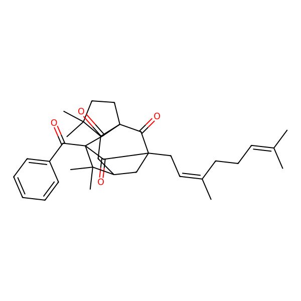 2D Structure of 9-Benzoyl-11-(3,7-dimethylocta-2,6-dienyl)-4,4,8,8-tetramethyltetracyclo[7.3.1.17,11.01,5]tetradecane-10,12,13-trione