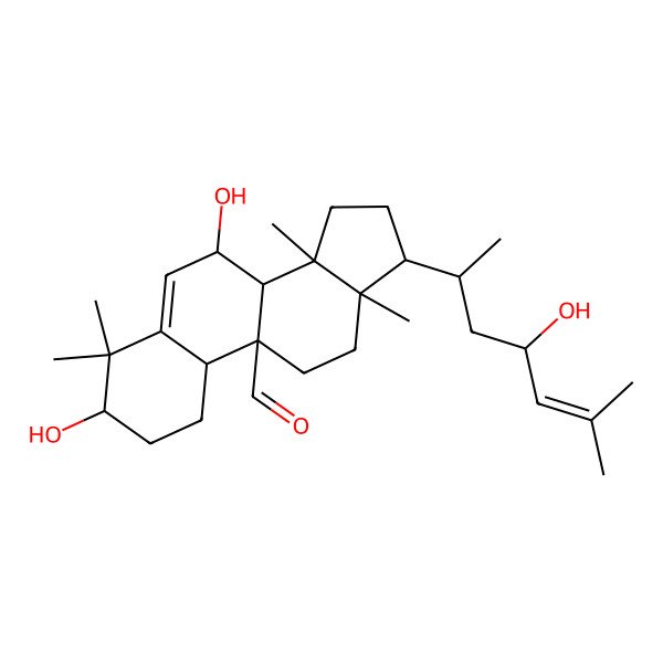 2D Structure of (3S,7R,8S,9R,10R,13R,14S,17R)-3,7-dihydroxy-17-[(2R,4R)-4-hydroxy-6-methylhept-5-en-2-yl]-4,4,13,14-tetramethyl-2,3,7,8,10,11,12,15,16,17-decahydro-1H-cyclopenta[a]phenanthrene-9-carbaldehyde