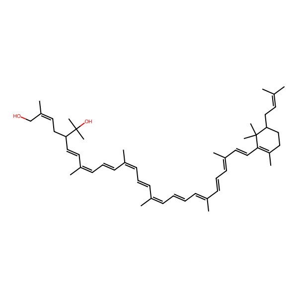 2D Structure of 2,6-Dimethyl-5-[3,7,11,16,20-pentamethyl-22-[2,6,6-trimethyl-5-(3-methylbut-2-enyl)cyclohexen-1-yl]docosa-1,3,5,7,9,11,13,15,17,19,21-undecaenyl]hept-2-ene-1,6-diol