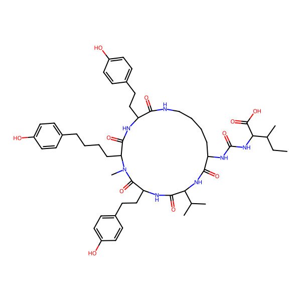 2D Structure of 2-[[6-[4-(4-Hydroxyphenyl)butyl]-3,9-bis[2-(4-hydroxyphenyl)ethyl]-7-methyl-2,5,8,11,14-pentaoxo-12-propan-2-yl-1,4,7,10,13-pentazacyclononadec-15-yl]carbamoylamino]-3-methylpentanoic acid