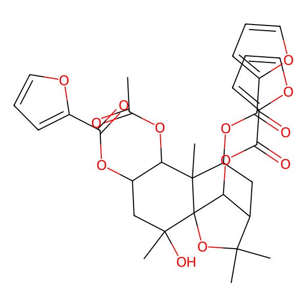 2D Structure of [(1S,2S,4S,5R,6R,7S,9R,12R)-5-acetyloxy-4,12-bis(furan-2-carbonyloxy)-2-hydroxy-2,6,10,10-tetramethyl-11-oxatricyclo[7.2.1.01,6]dodecan-7-yl] furan-2-carboxylate