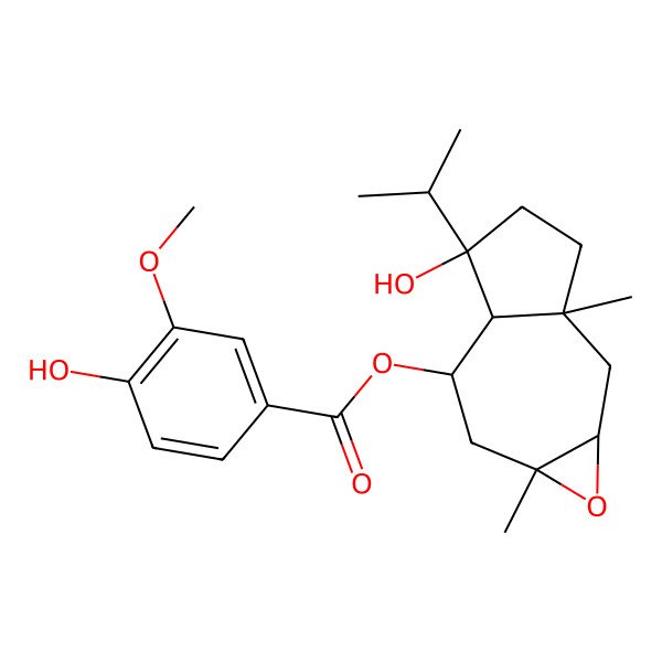 2D Structure of [(1aS,2aR,5R,5aS,6S,7aR)-5-hydroxy-2a,7a-dimethyl-5-propan-2-yl-2,3,4,5a,6,7-hexahydro-1aH-azuleno[6,7-b]oxiren-6-yl] 4-hydroxy-3-methoxybenzoate