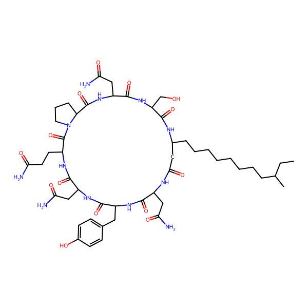 2D Structure of 3-[(3S,6R,9R,12S,16R,19S,22R,25S)-6,12,22-tris(2-amino-2-oxoethyl)-19-(hydroxymethyl)-9-[(4-hydroxyphenyl)methyl]-16-[(9R)-9-methylundecyl]-2,5,8,11,14,18,21,24-octaoxo-1,4,7,10,13,17,20,23-octazabicyclo[23.3.0]octacosan-3-yl]propanamide