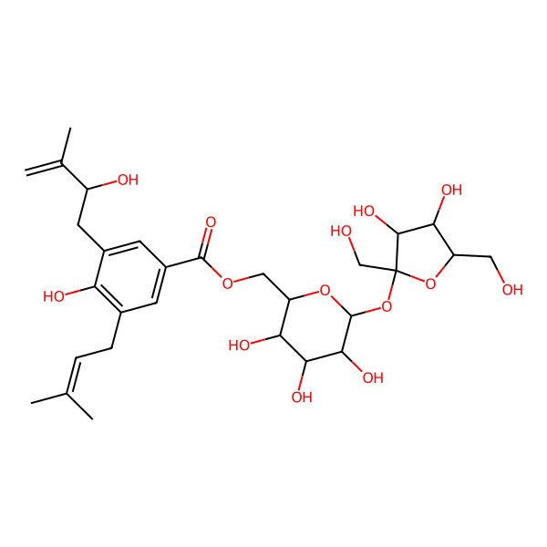 2D Structure of [(2R,3S,4S,5R,6R)-6-[(2S,3S,4S,5R)-3,4-dihydroxy-2,5-bis(hydroxymethyl)oxolan-2-yl]oxy-3,4,5-trihydroxyoxan-2-yl]methyl 4-hydroxy-3-[(2R)-2-hydroxy-3-methylbut-3-enyl]-5-(3-methylbut-2-enyl)benzoate
