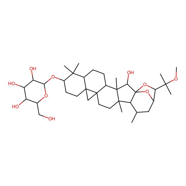 2D Structure of (2R,3R,4S,5R,6R)-2-[[(1S,2R,3S,4R,7R,9S,12R,14S,17R,18R,19R,21R,22S)-2-hydroxy-22-(2-methoxypropan-2-yl)-3,8,8,17,19-pentamethyl-23,24-dioxaheptacyclo[19.2.1.01,18.03,17.04,14.07,12.012,14]tetracosan-9-yl]oxy]-6-(hydroxymethyl)oxane-3,4,5-triol