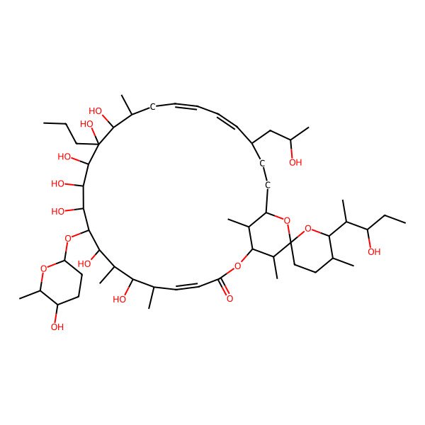 2D Structure of (4E,18E,20E)-7,9,11,12,13,14,15-heptahydroxy-10-[(2S,5R,6R)-5-hydroxy-6-methyloxan-2-yl]oxy-6'-(3-hydroxypentan-2-yl)-22-(2-hydroxypropyl)-5',6,8,16,28,29-hexamethyl-14-propylspiro[2,26-dioxabicyclo[23.3.1]nonacosa-4,18,20-triene-27,2'-oxane]-3-one
