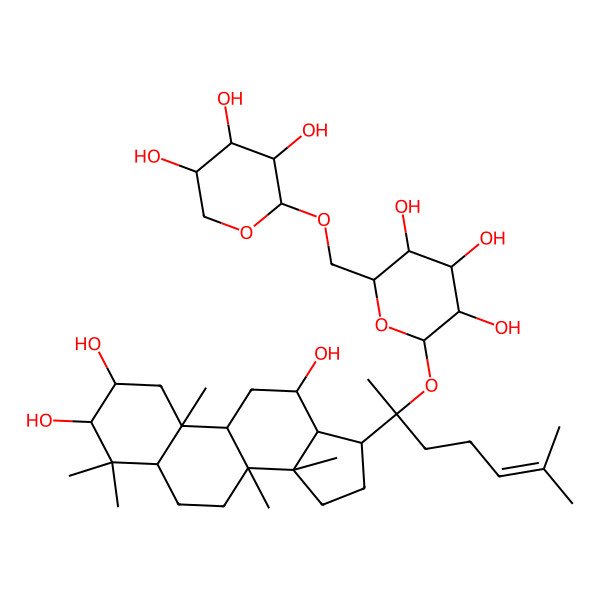2D Structure of (2S,3R,4S,5S,6R)-2-[(2S)-6-methyl-2-[(2R,3R,5R,8R,9R,10R,12R,13R,14R,17S)-2,3,12-trihydroxy-4,4,8,10,14-pentamethyl-2,3,5,6,7,9,11,12,13,15,16,17-dodecahydro-1H-cyclopenta[a]phenanthren-17-yl]hept-5-en-2-yl]oxy-6-[[(2R,3R,4S,5R)-3,4,5-trihydroxyoxan-2-yl]oxymethyl]oxane-3,4,5-triol