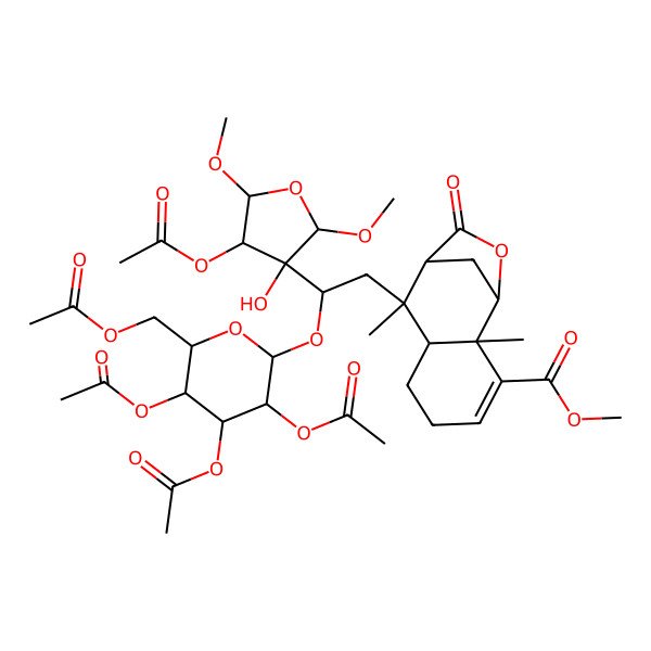 2D Structure of methyl (1R,2S,7R,8S,9S)-8-[(2S)-2-[(2S,3R,4S,5S)-4-acetyloxy-3-hydroxy-2,5-dimethoxyoxolan-3-yl]-2-[(2S,3R,4S,5R,6R)-3,4,5-triacetyloxy-6-(acetyloxymethyl)oxan-2-yl]oxyethyl]-2,8-dimethyl-10-oxo-11-oxatricyclo[7.2.1.02,7]dodec-3-ene-3-carboxylate