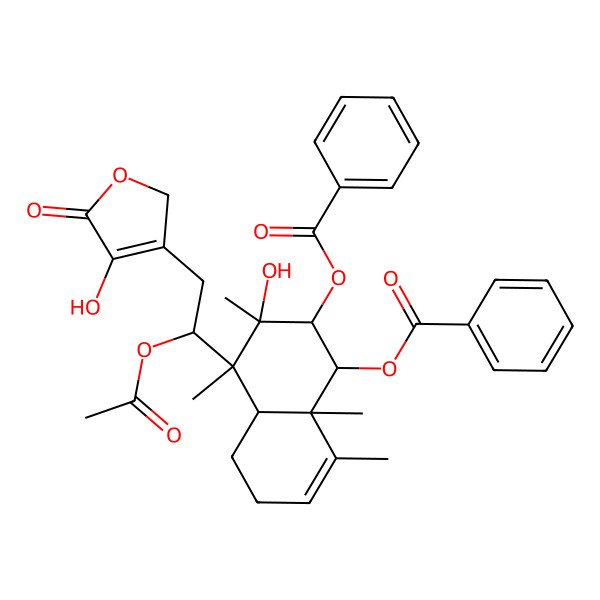 2D Structure of [4-[1-acetyloxy-2-(4-hydroxy-5-oxo-2H-furan-3-yl)ethyl]-2-benzoyloxy-3-hydroxy-3,4,8,8a-tetramethyl-2,4a,5,6-tetrahydro-1H-naphthalen-1-yl] benzoate