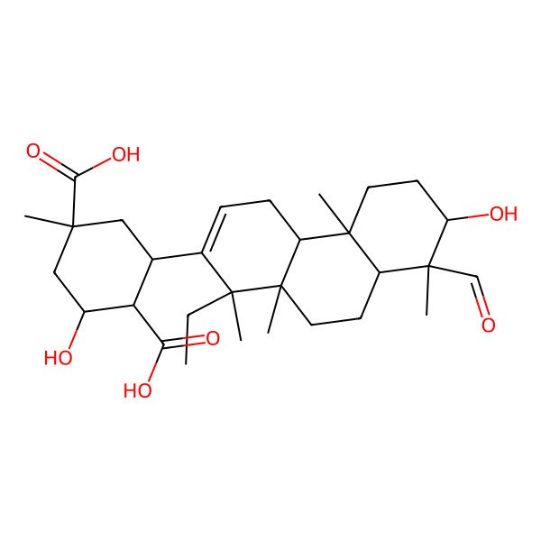 2D Structure of (1S,3R,4S,5S)-3-[(1S,4aR,4bR,7S,8S,8aR,10aR)-1-ethyl-8-formyl-7-hydroxy-1,4b,8,10a-tetramethyl-4,4a,5,6,7,8a,9,10-octahydrophenanthren-2-yl]-5-hydroxy-1-methylcyclohexane-1,4-dicarboxylic acid