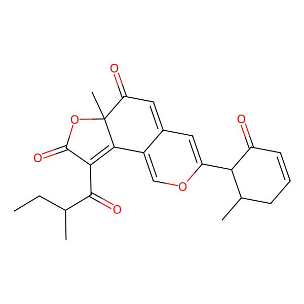 2D Structure of (6aS)-6a-methyl-9-[(2R)-2-methylbutanoyl]-3-[(1R,6R)-6-methyl-2-oxocyclohex-3-en-1-yl]furo[2,3-h]isochromene-6,8-dione