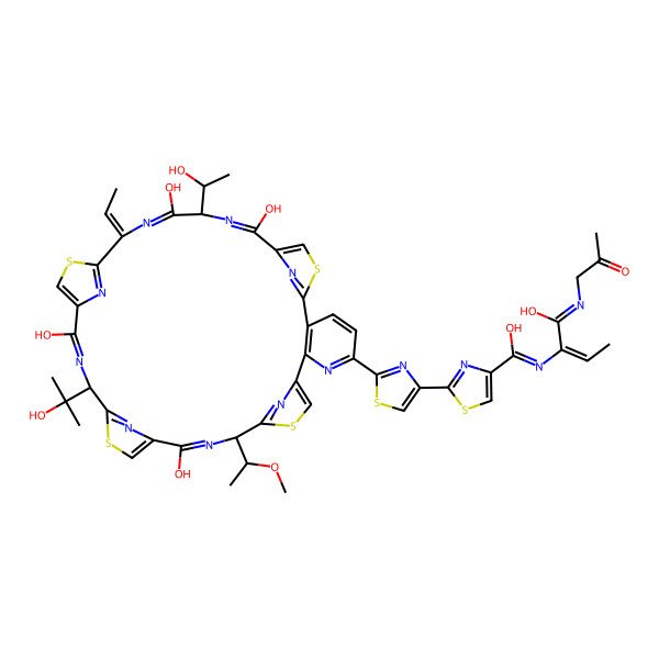 2D Structure of 2-[2-[26-ethylidene-14,21,28,31-tetrahydroxy-29-(1-hydroxyethyl)-19-(2-hydroxypropan-2-yl)-12-(1-methoxyethyl)-10,17,24,34-tetrathia-6,13,20,27,30,35,36,37,38-nonazahexacyclo[30.2.1.18,11.115,18.122,25.02,7]octatriaconta-1(35),2(7),3,5,8,11(38),13,15,18(37),20,22,25(36),27,30,32-pentadecaen-5-yl]-1,3-thiazol-4-yl]-N-[1-hydroxy-1-(2-oxopropylimino)but-2-en-2-yl]-1,3-thiazole-4-carboximidic acid